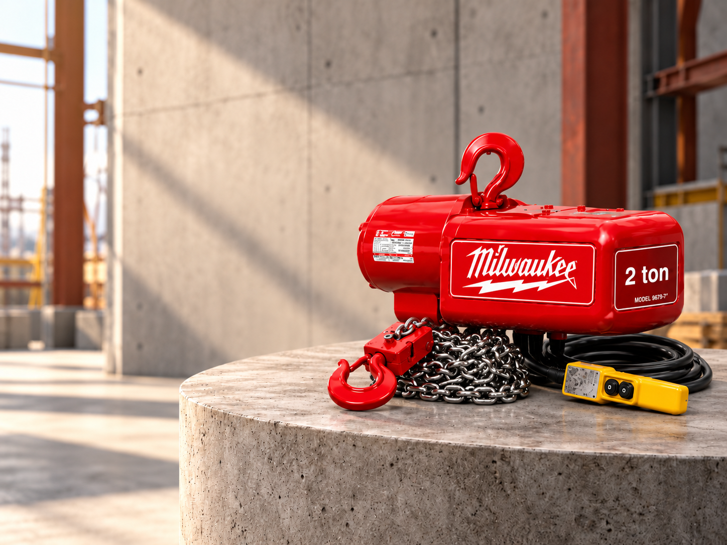 Milwaukee 9573 electric chain hoist on a concrete pedestal