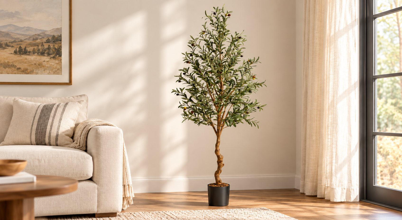 Artificial olive tree in a sunlit living room