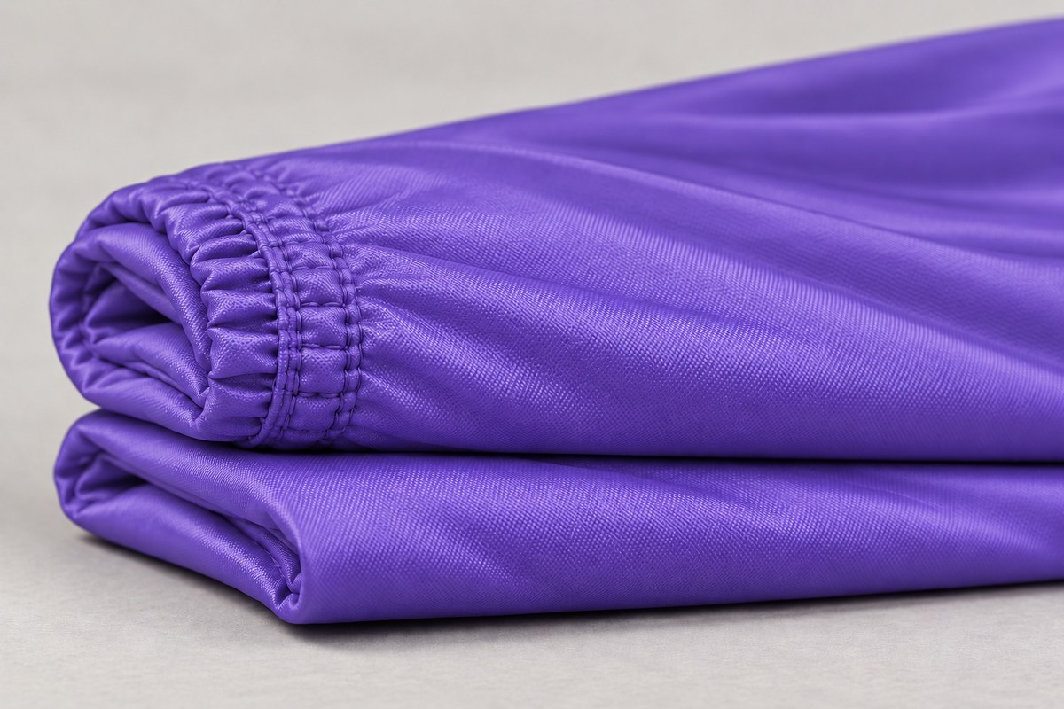 Close-up of two folded purple nylon hammock layers with gathered stitching